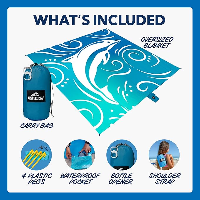 SUN NINJA Oversized Beach Blanket - Sandproof Beach Blanket, 10ft x 9ft Sand Free Blanket, Lightweight, Water Resistant, Includes Carry Bag, 4 Pegs, Shoulder Strap for Family Outings