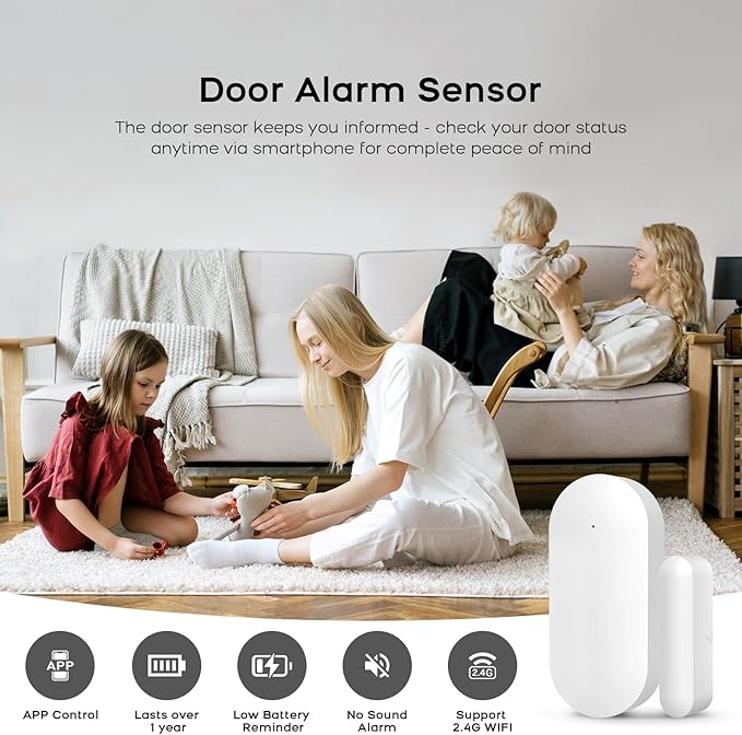 Door Alarm Window Sensors, Door Open Alarm Long Battery Life Wireless for Security Real-Time Notification WiFi Contact Sensor App Control No Monthly Fee, White