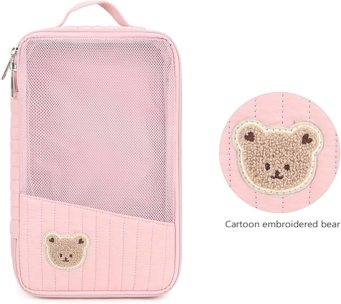MOMIGO Baby Diaper Bag Organizer Pouches - 2 Pack Waterproof Pod Hanging Diaper Bag Cute Rabbit Bear Mesh Bag Reusable, Washable or Baby Cloth Diapers (Pink)