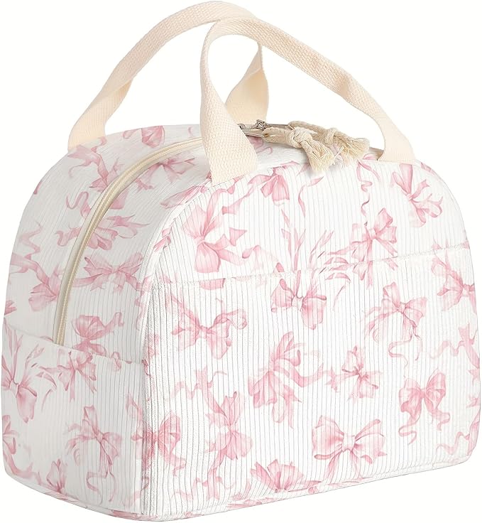 Insulated Lunch Box for Women and Men,Corduroy Lunch Bags for Work,Leakproof Adults Cooler Tote Bag for Offices,Picnic,Travel,Outdoor (Pink Bow)