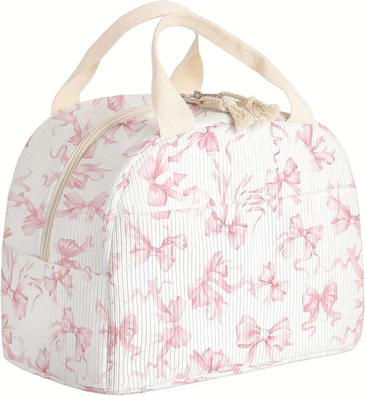 Insulated Lunch Box for Women and Men,Corduroy Lunch Bags for Work,Leakproof Adults Cooler Tote Bag for Offices,Picnic,Travel,Outdoor (Pink Bow)
