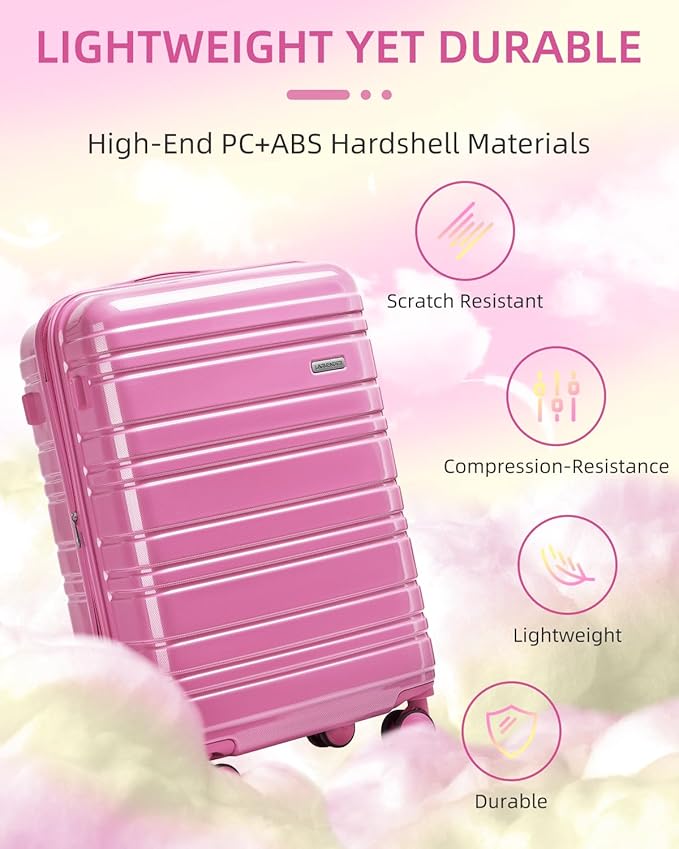 LARVENDER Carry on Luggage 22x14x9 Airline Approved, 20 Inch Hardside Suitcase with Wheels TSA Lock, PC+ABS Lightweight Travel Luggage Sets for Women, Glossy Berry, 3 Piece Set