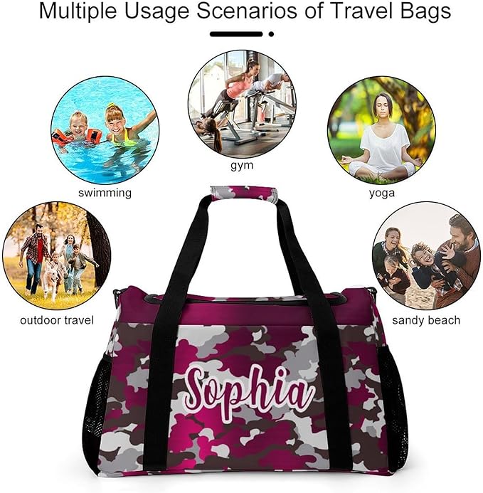 Pink Red Fuchsia Camouflage Camo Travel Bag, Customized Duffel Bags, Overnight Bag, Personalized Gift, Workouts Gym Casual Bag, Perform Backpacks