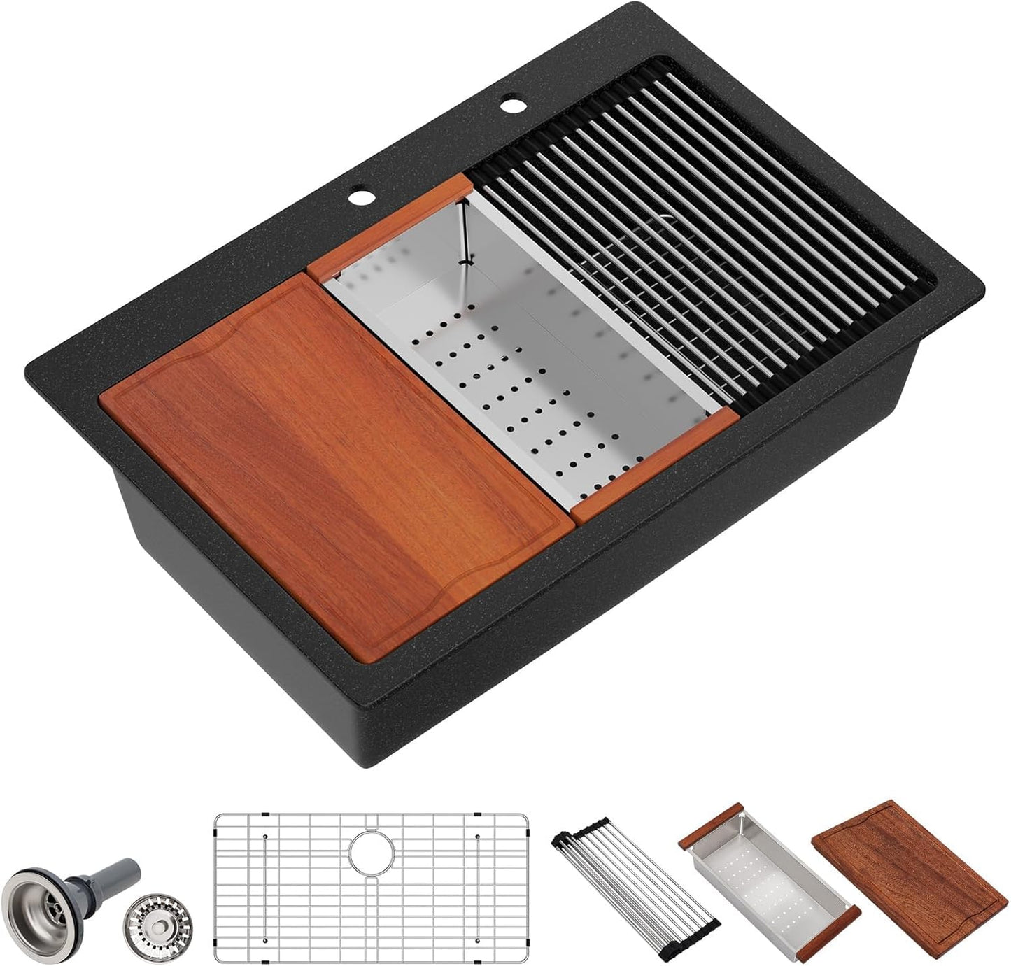 Dcolora 33x22 Drop In Kitchen Sink Black, Granite Composite Black Kitchen Sink Multifunctional Topmount Large Single Bowl Workstation Sinks #DC-0001GBT, 33" x 22" x 10"