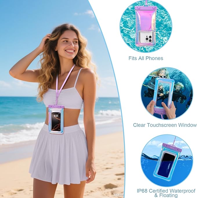 Bagstellar Iridescent Beach Tote Bags for Women, Large Zipper Beach Pool Swim Bag with Makeup Bag & Waterproof Phone Pouch | Waterproof Sandproof, Adjustable Strap, Packable, Foldable, Travel Tote Bags, Vacation Essentials, Gift for Women
