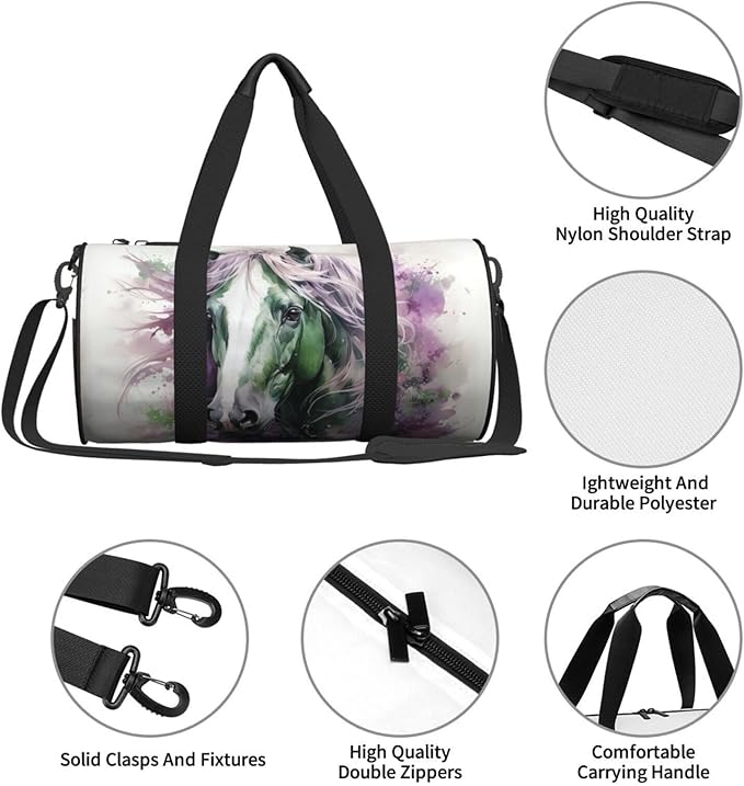 Green Horse Sports Gym Bag for Women Men Travel Duffel Bag Tote Weekender Bag Canvas Carry on Overnight Bag for Travel Swimming Fitness Workout Sports Duffle Bag