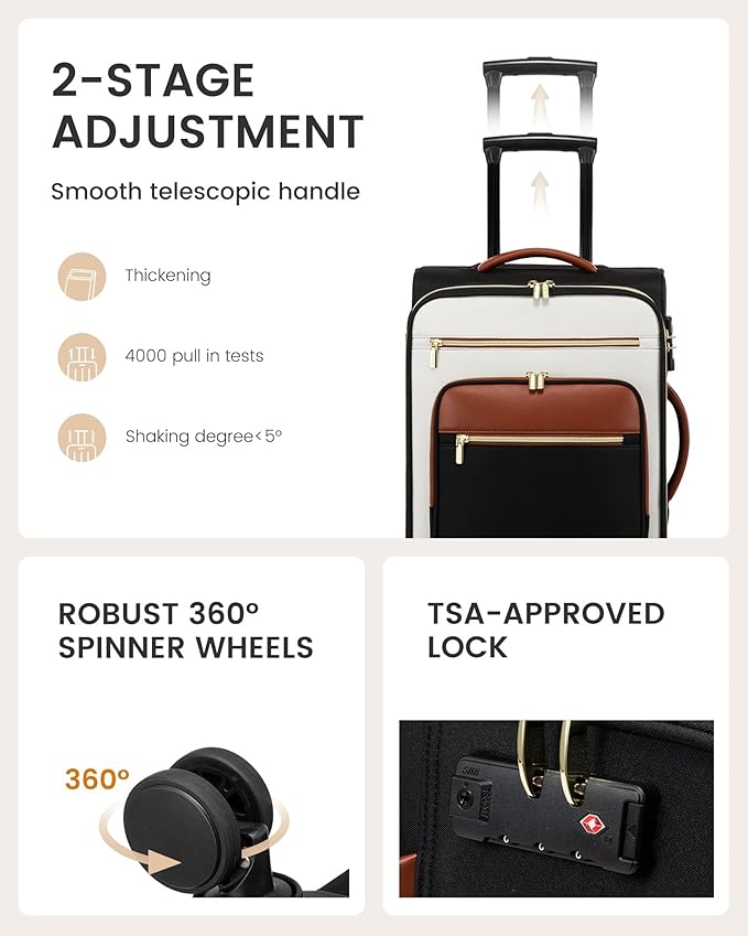 LOVEVOOK Carry on Suitcase 22x14x9 Airline Approved,20 inch Lightweight Waterproof Suitcases with 360° silent swivel wheels, TSA Lock and Compartment, Large Capacity travel Suitcase Black-White-brown