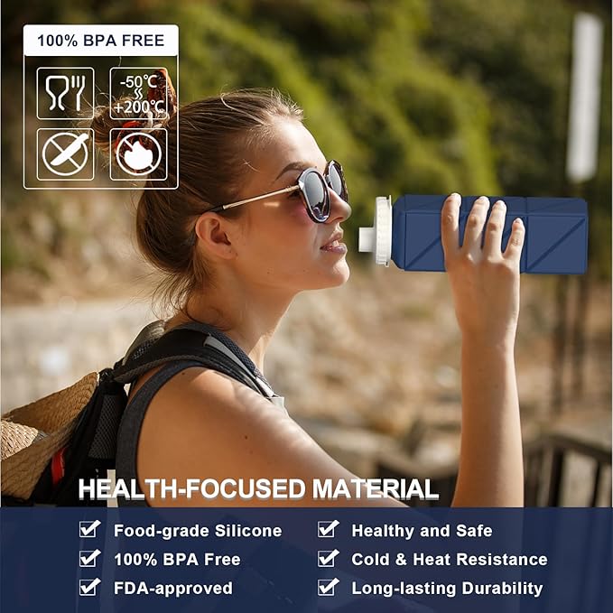 Collapsible Water Bottles 20.6oz 2 Pack, Silicone Foldable Portable Travel Water Bottle, BPA-Free Reusable Leakproof for Travel Camping Hiking Cycling Yoga Sports Outdoor (Darkblue+Pink)