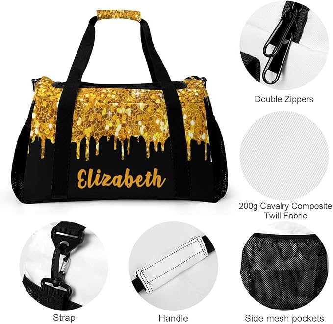 Golden Yellow Sequin Glitter Print Crossbody Bag Customized Duffel Bags (Store Shoes) Weekender Overnight Bag Travel Bag Personalized Gift Gym Bags