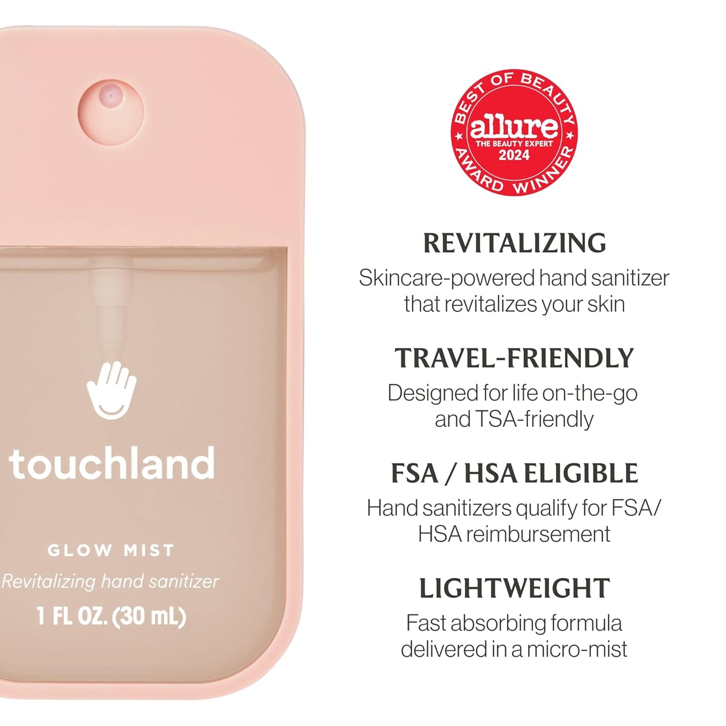 Touchland Glow Mist Revitalizing Hand Sanitizer Spray, Rosewater scented, 1FL. OZ. Travel Size
