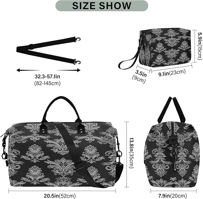 Black Damask Baroque Floral Travel Duffle Bag Gym Yoga Carry on Bags for Men Women Weekender Bag
