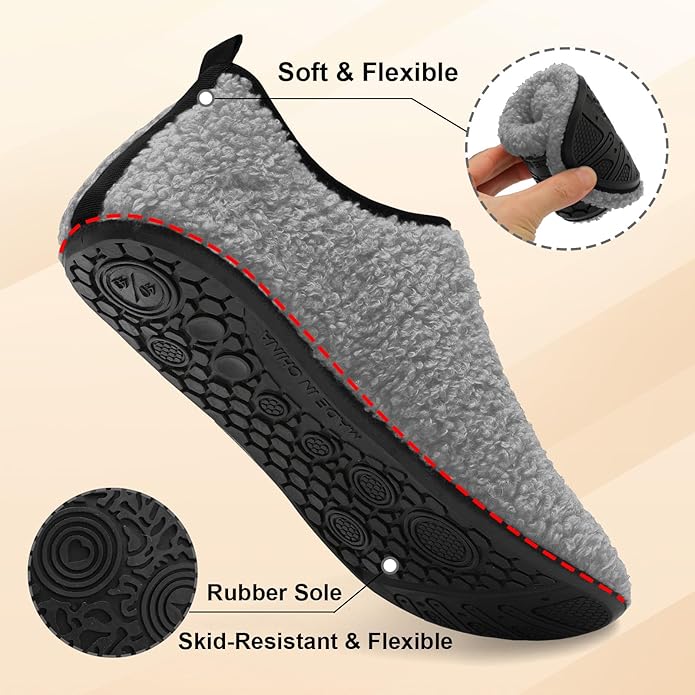 QFH Womens & Mens Cozy House Slippers - Portable Travel Shoes with Flexible Rubber Sole & Soft Velvet Lining
