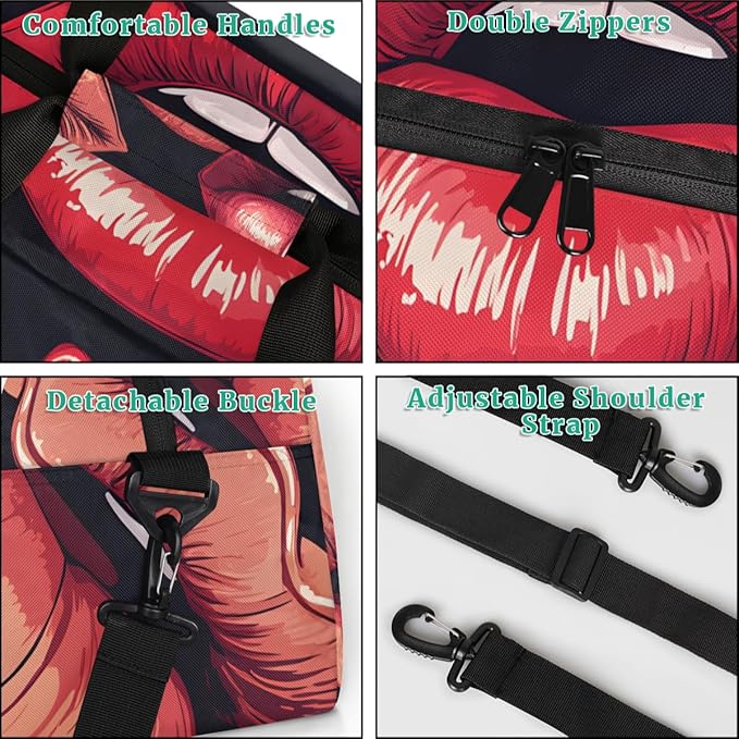 Custom Name Sexy Red Lips Girl Gym Travel Duffle Bag with Front Zipper Pocket Personalizedfor Sports Bag for Overnight, Weekender, Carry On,Workout & Dance, 18.9 * 8.7 * 10.6 in