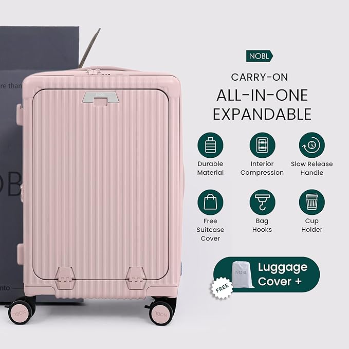 Nobl Travel Carry On Expandable Luggage, Noble Aluminum Frame PC Hard Shell Suitcase, 22.5”x14.2”x9.8” Airline Approved, 360° Spinner Wheels, TSA Locks, USB Charging, Cup & Phone Holder - Blush