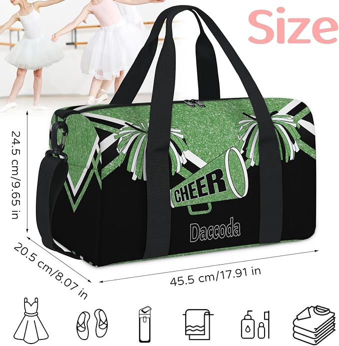 Custom Name Dance Bag, Personalized Name Gymnastics Sport Cheerleader Bag, Green Black Glitter Sequins Cheerleader Theme Barrel Ballet Duffel Tote Women