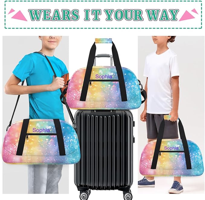 Custom Name Blue Pink Yellow Glitter Girl Gym Travel Duffle Bag with Front Zipper Pocket Personalized Sports Bag for Overnight, Weekender, Carry On,Workout & Dance, 18.9 * 8.7 * 10.6 in