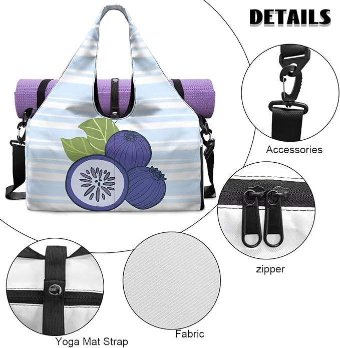 Blueberry Duffle Bag Women with Yoga Mat Holder Durable Blue Gym Bags for Women with Shoe Compartment, Waterproof Stylish Workout Bag Sports Travel Weekender