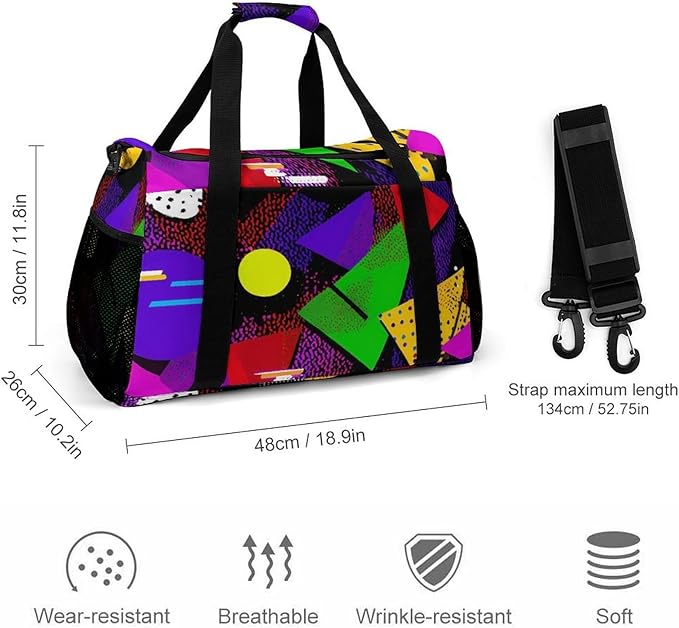 80s Triangles Circles Duffle Bag Gym Bag for Workout Travel Tote with Detachable Straps