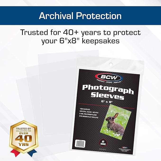 BCW 6x8 Photo Sleeves - 100 Pack | Archival Photo Sleeves for Art, Postcards & Photos | Acid-Free, No PVC | Archival Quality for Storage & Display