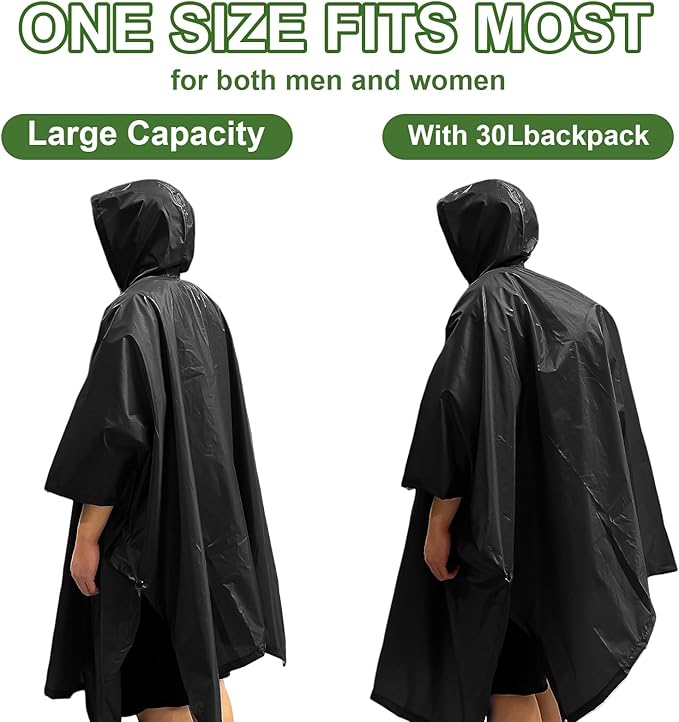 Hooded Rain Poncho for Adults - Waterproof Rain Coat and Lightweight Jacket 3-in-1 Multi-Function with Pockets