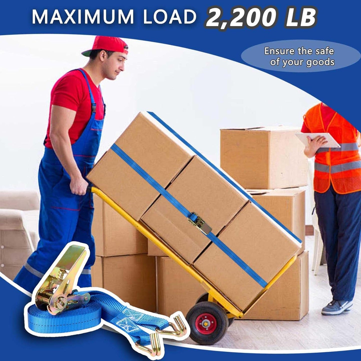 Ratchet Straps (4-Pack), 1 Inch x 16.4 Feet (2200lb Break Strength) with Sturdy Metal Hooks, 1x Work Gloves, Heavy Duty Tie Down Straps for Truck, Cargo Trailer, Motorcycle, Luggage, Moving (Blue)