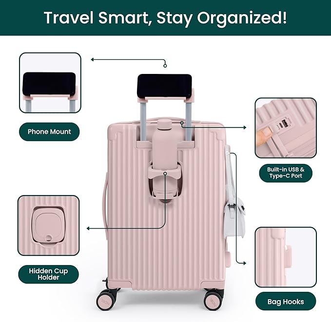 Nobl Travel Carry On Expandable Luggage, Noble Aluminum Frame PC Hard Shell Suitcase, 22.5”x14.2”x9.8” Airline Approved, 360° Spinner Wheels, TSA Locks, USB Charging, Cup & Phone Holder - Blush