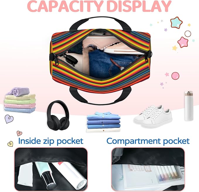 Boho Stripe Geometric Travel Duffle Bag for Women Men, Overnight Weekender Bag, Carry on Tote for Sport Gym