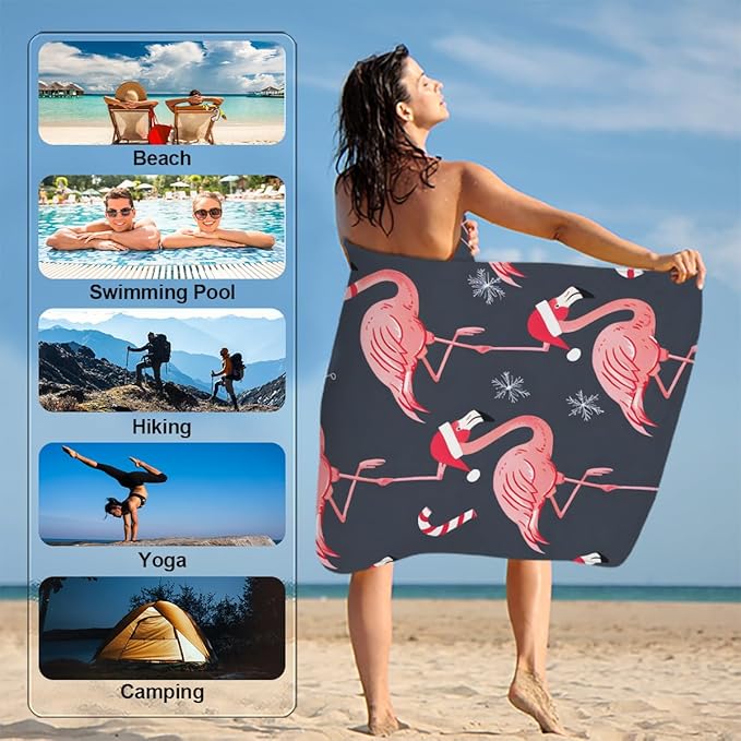 Christmas Hat Flamingo Candy Beach Towel, Large Microfiber Quick Dry Lightweight Pool Bath Towels Sand Free Beach Blanket for Summer Cruise Yoga Camping Travel Vacation Essentials 31 x 61 in