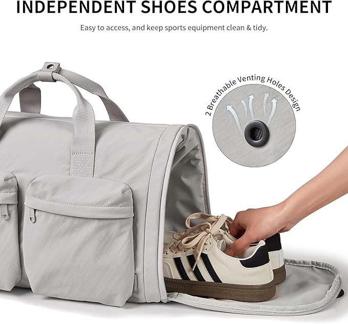Foldable Travel Duffel Bag for Women with Shoes Compartment, 3 in 1 Carry on Gym Bag with Removable Dry Wet Bag, Lightweight&Water Resistant Duffel Bag for Travel,Sports&Workout, Elegant Gray