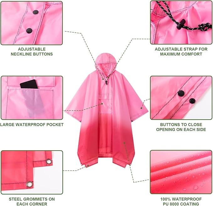 Hooded Rain Poncho for Adults - Waterproof Rain Coat and Lightweight Jacket 3-in-1 Multi-Function with Pockets