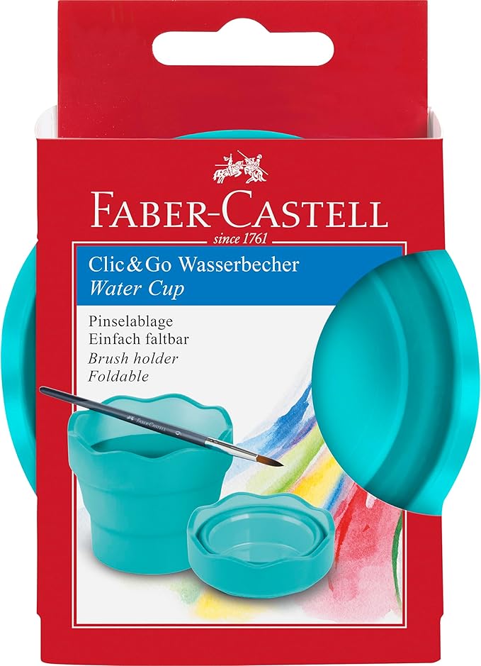 Faber-Castell Clic & Go Portable Paint Water Cup with Brush Holder, Turquoise - Collapsible Paint Brush Cleaner Rinse Cup, Travel Friendly Painting Accessories (Pack of 6)