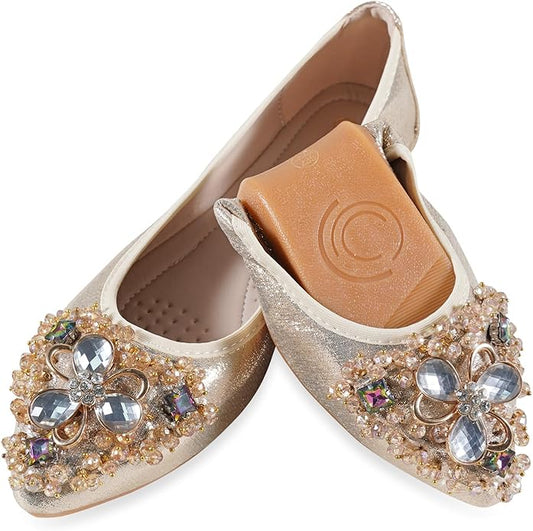 Women Ballet Flats Sparkly Rhinestone Wedding Ballerina Shoes Pointed Toe Foldable Comfort Slip on Flat Dress Shoes