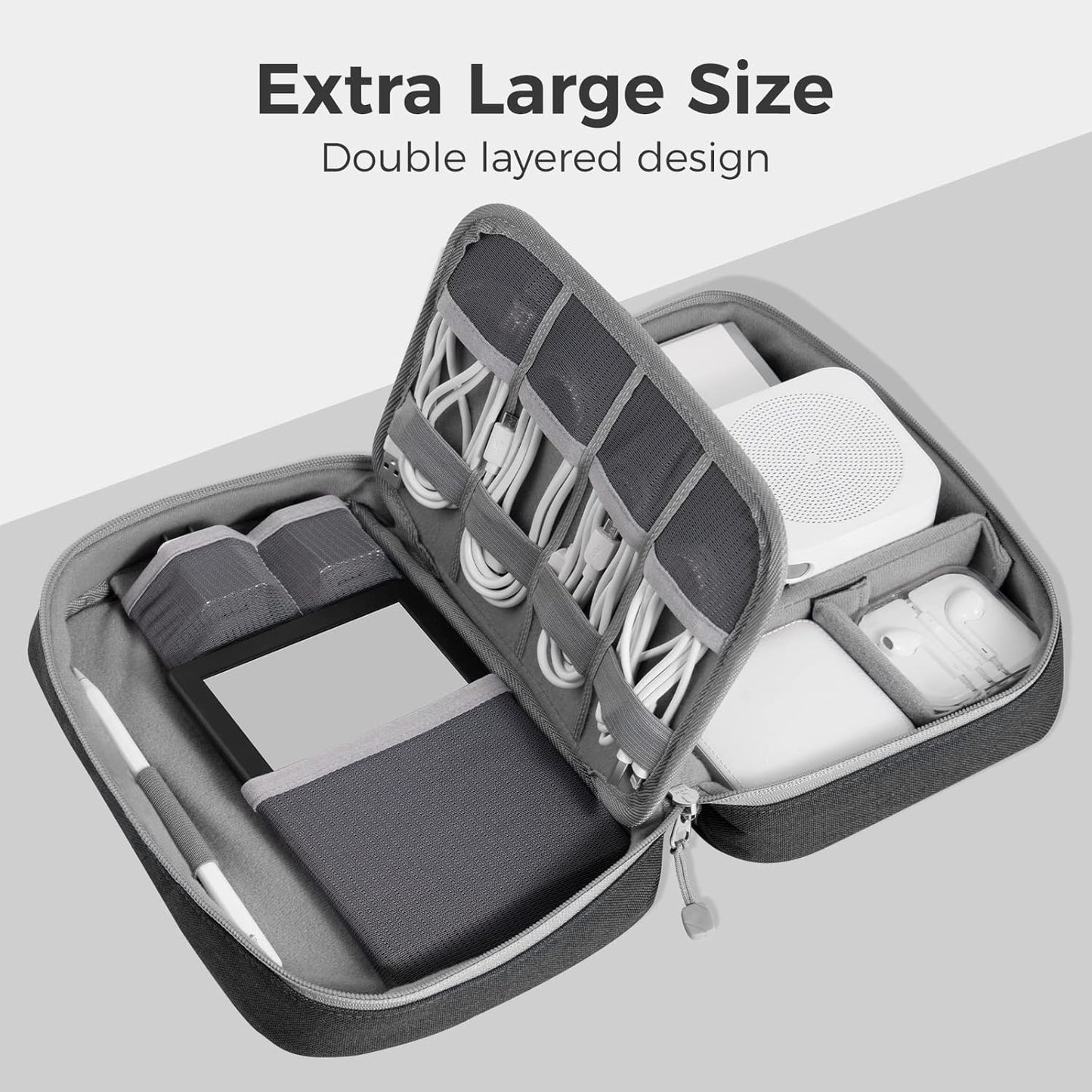 pack all Electronic Organizer Plus, Larger Capcity Cable Organizer Bag, Shockproof Carrying Case, Portable Cord Travel Organizer Storage Bag for Cables, Chargers, Phones, USB, SD Cards(Black)