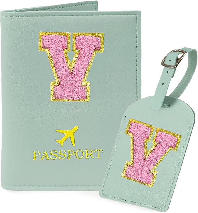 COSHAYSOO Initial Passport Cover Luggage Tag Set Letter Passport Holder Airplane Cruise Travel Essentials Vacation Traveling Accessories Personalized Gifts for Women Teen College Girls Teal V