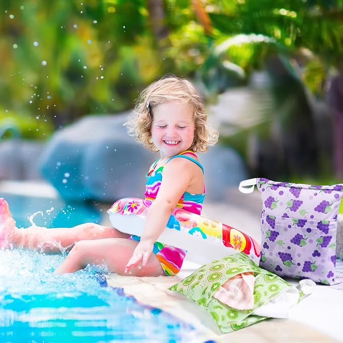 Frienda 4 Pieces Wet Dry Bag for Baby Waterproof Reusable Washable Diaper Bag Sealed with Handle for Travel, Beach, Swimsuit, Diapers, Dirty Gym Clothes and Toiletries (Fruit)