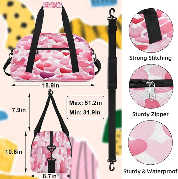 Travel Duffle Bag, Pink Watercolor Heart Pattern Waterproof Weekender Overnight Bags for Women Men Lightweight Carry on Duffle Gym Bag for Travel, Sports, Fitness, Workout