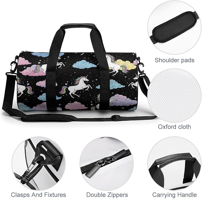 Foldable Gym Travel Bag Basketball Football Weekender Bag Carry on Beach Yoga Overnight Luggage Bags (Cute Unicorns (26))