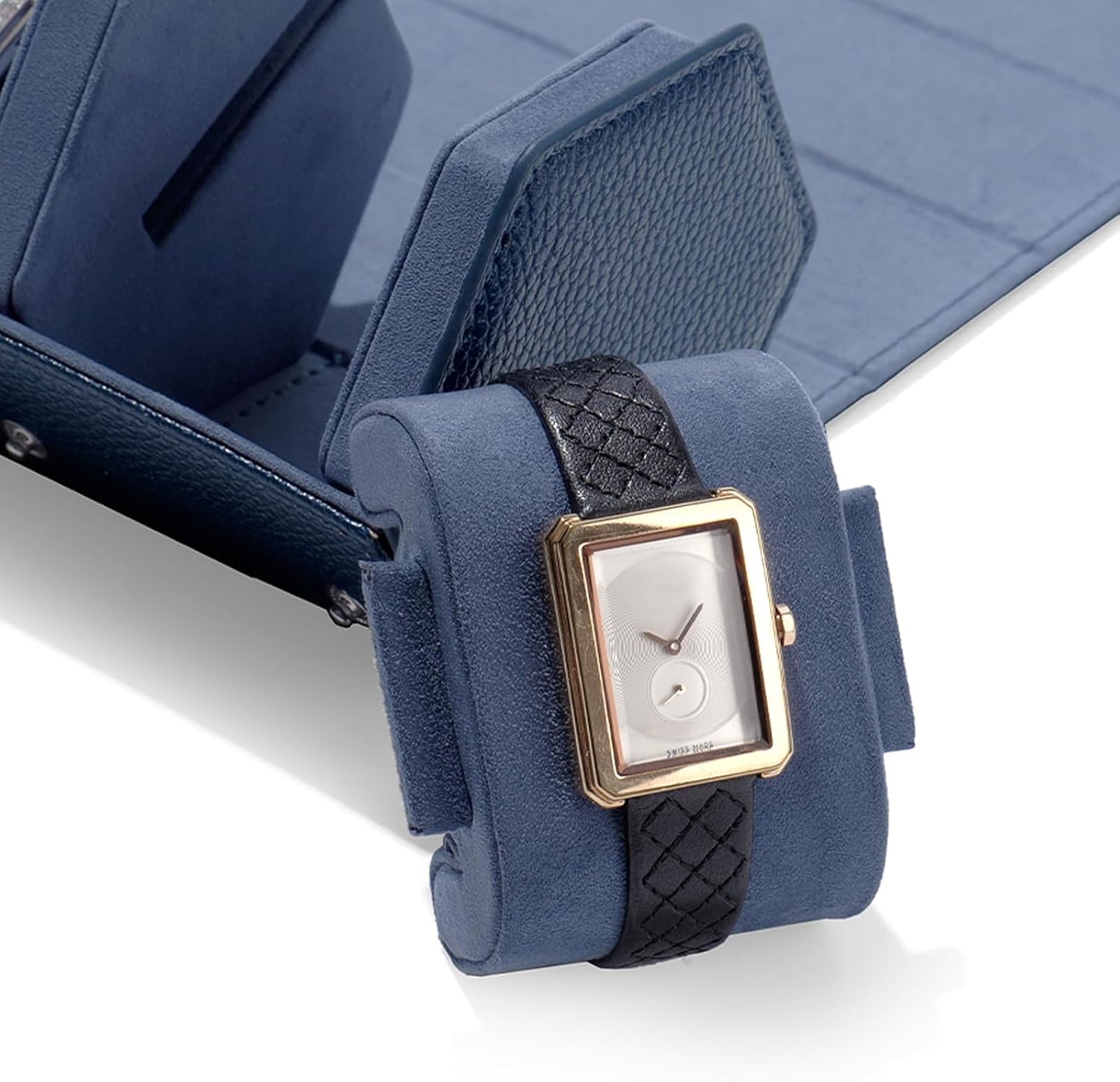 Oirlv Luxury Hexagonal Leather Watch Travel Case Watch Organizer Case for Men Portable Jewelry Storage Roll Organizer(2-Slot,Blue)