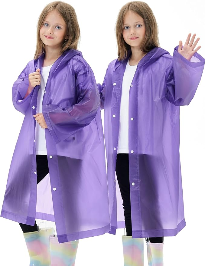 2 Pack Reusable Waterproof Raincoat EVA Emergency Rain Ponchos One Size Rain Jacket for Children, Boys and Girls