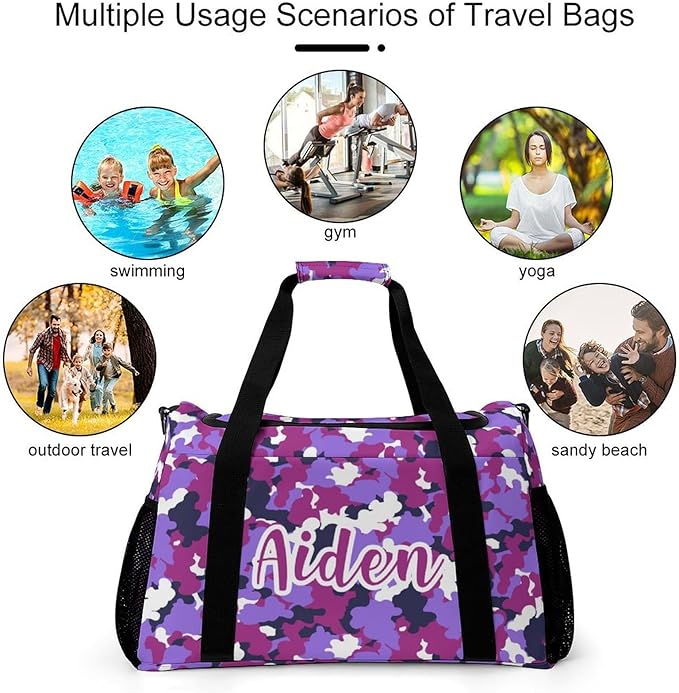 Handheld Crossbody Multifunctional Travel Bags, Personalized Duffle Bags, Camouflage Purple Fuchsia Camo Pattern Luggage Bag, Custom Weekender Overnight Bags