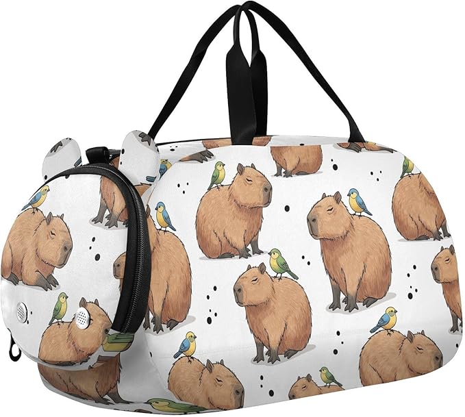 Capybara Bird White Pattern Kids Sports Duffle Bag for Boys Girls Toddler Weekender Overnight Bag with Shoe Compartment & Wet Pocket Kids Carry On Shoulder Bag for Travel Gym Sport Dance