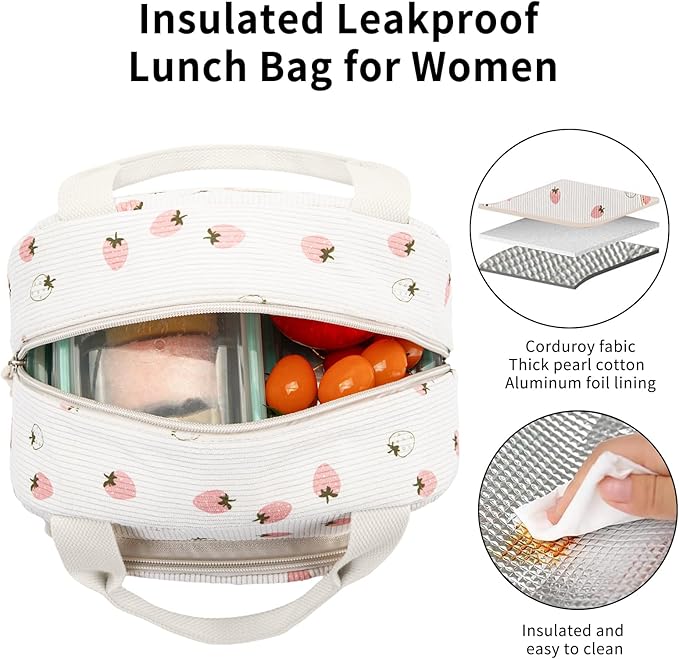 Lunch Bag Women Lunch Box for Women Adult Cute Insulated Lunch Bag Small Cooler Lunch Tote Bags for Work Picnic School (Beige-Light Strawberry)