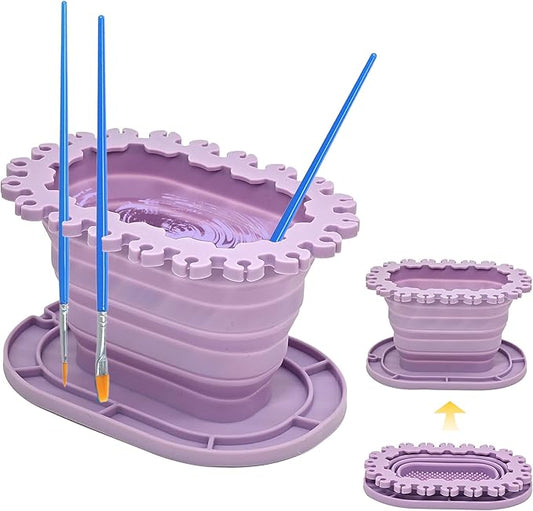 Foldable Silicone Paint Brush Cleaner Cup with Holder, Collapsible Basin for Acrylic, Watercolor & Oil Painting, Portable Artist Travel Supplies, Multi-Size Brush Drying Rack & Mixing Palette,Purple