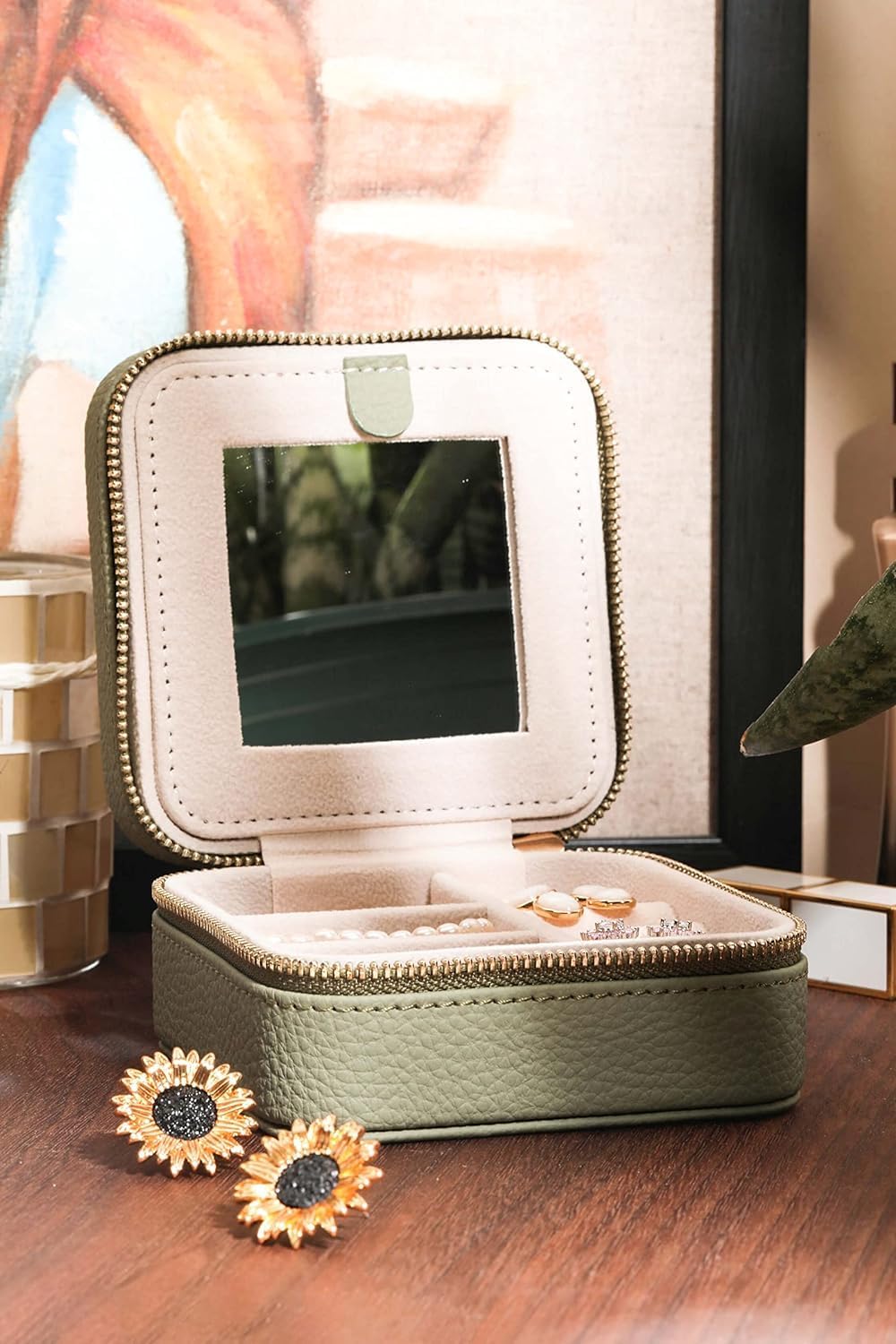 S.Leaf Travel Jewelry Organizer Travel Jewelry Boxes for Women Small Jewelry Travel Case Box Portable Travel Jewelry Case Travel Case Mini Jewelry (03_Lychee_Butterfly_Brown)