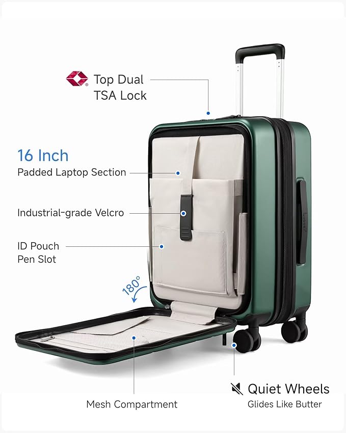 Carry On Luggage 22x14x9 Airline Approved, FLO5 Expandable Polycarbonate Suitcase with Front Pocket (FX-Core, Green, 20 Inch)