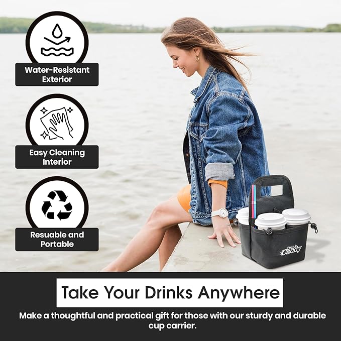Drink Caddy Portable Drink Carrier and Reusable Coffee Cup Holder - 4 Cup Collapsible Tote Bag with Organizer Pockets Safely Secures Hot and Cold Beverages (Pink)