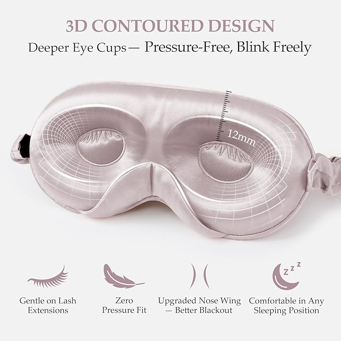 100% 22 Momme Mulberry Silk Sleep Mask with Adjustable Strap, 3D Contoured Cup Silk Eye Mask for Sleeping, Total Black Out, Dusty Purple