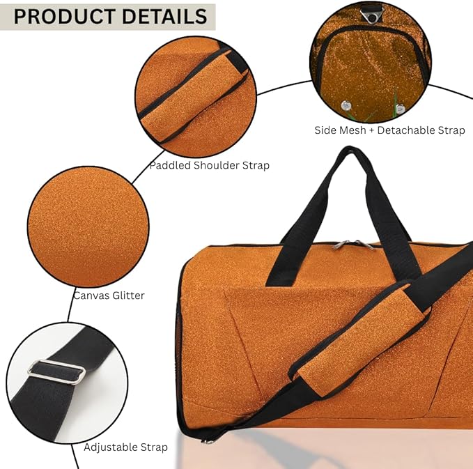 NGIL Glitter Cheers Sports Gym Duffel with Shoe Compartment and Small Carry on Travel Tote Bags for Women, Gym bag, Overnight bags for Women, Cheer Bag (Glitter-Orange)
