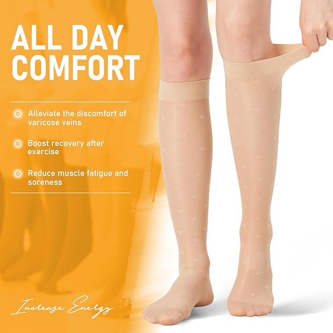 2 Pairs Sheer Compression Socks for Women - 15-20 mmHg Knee High Sheer Compression Stockings for Support Circulation Swelling Edema Work Office Travel, Heart, Large