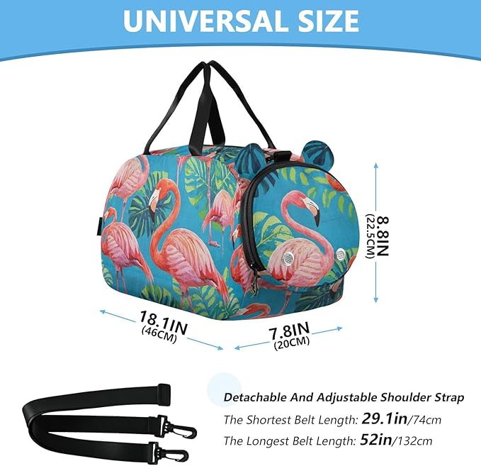 Vintage Painting Flamingos Palm Leaf Blue Boy's Gym Duffel Bag with Shoes Compartment Multifunctional Carry on Luggage for Beach Swim Bags Pool Sports